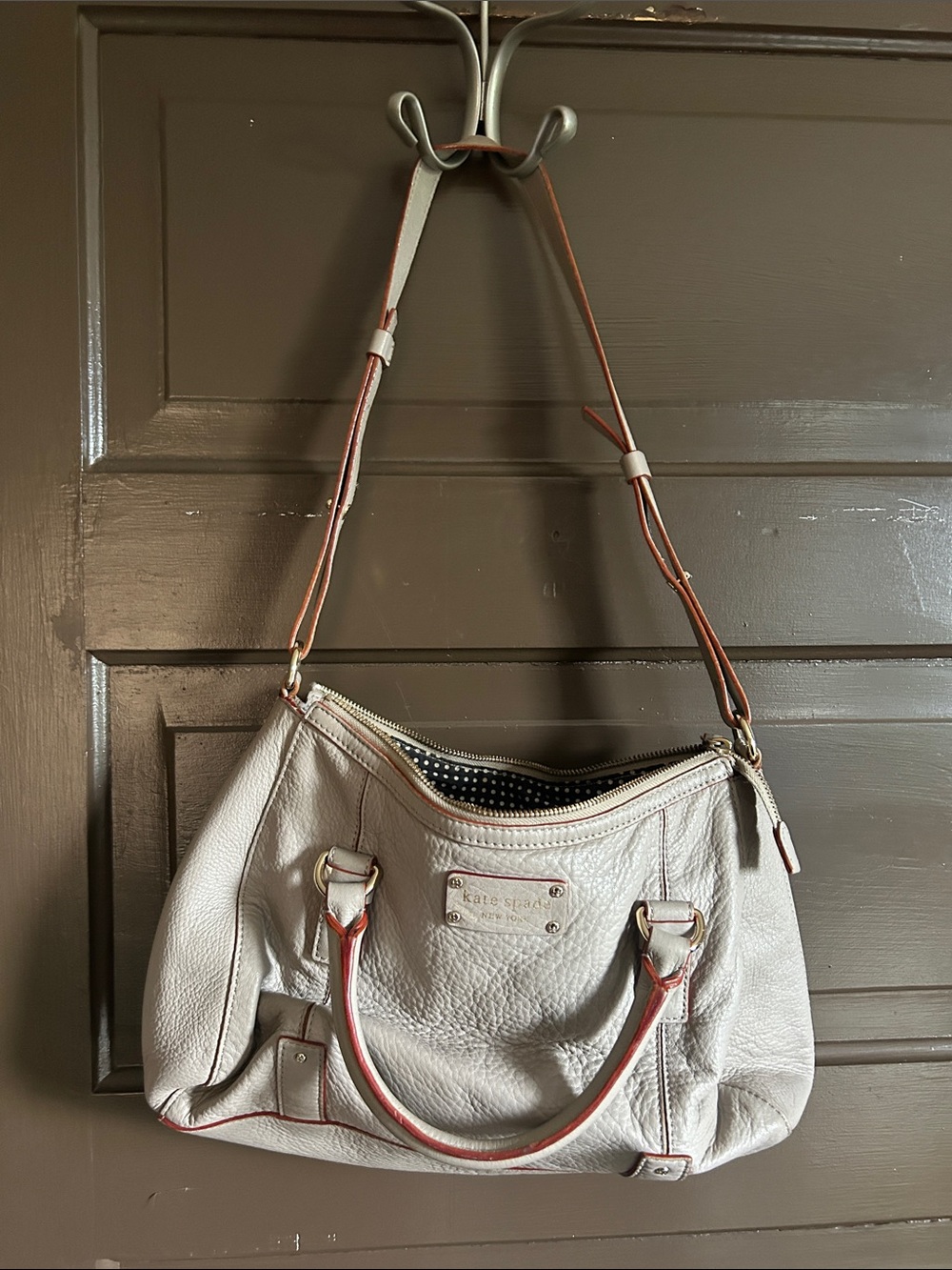 kate spade Pebbled Leather Shoulderi Bag in Light Gray with Tan Trim; READ